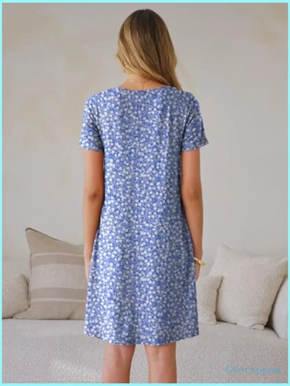 Women's V Neck Short Sleeve Flowy Mini Dress with Pockets